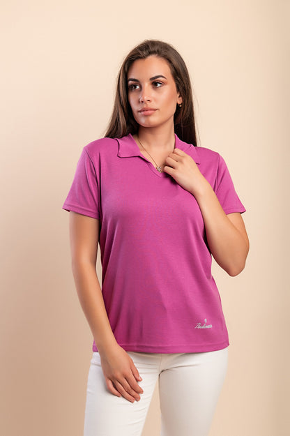 T-shirt in cotone con colletto, fucsia