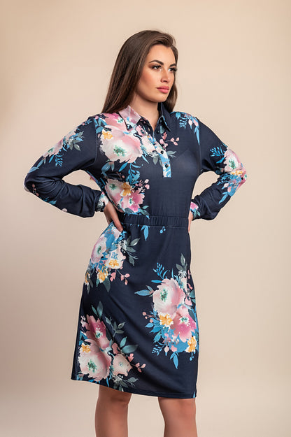 Abito taglie forti con stampa floreale, blu scuro