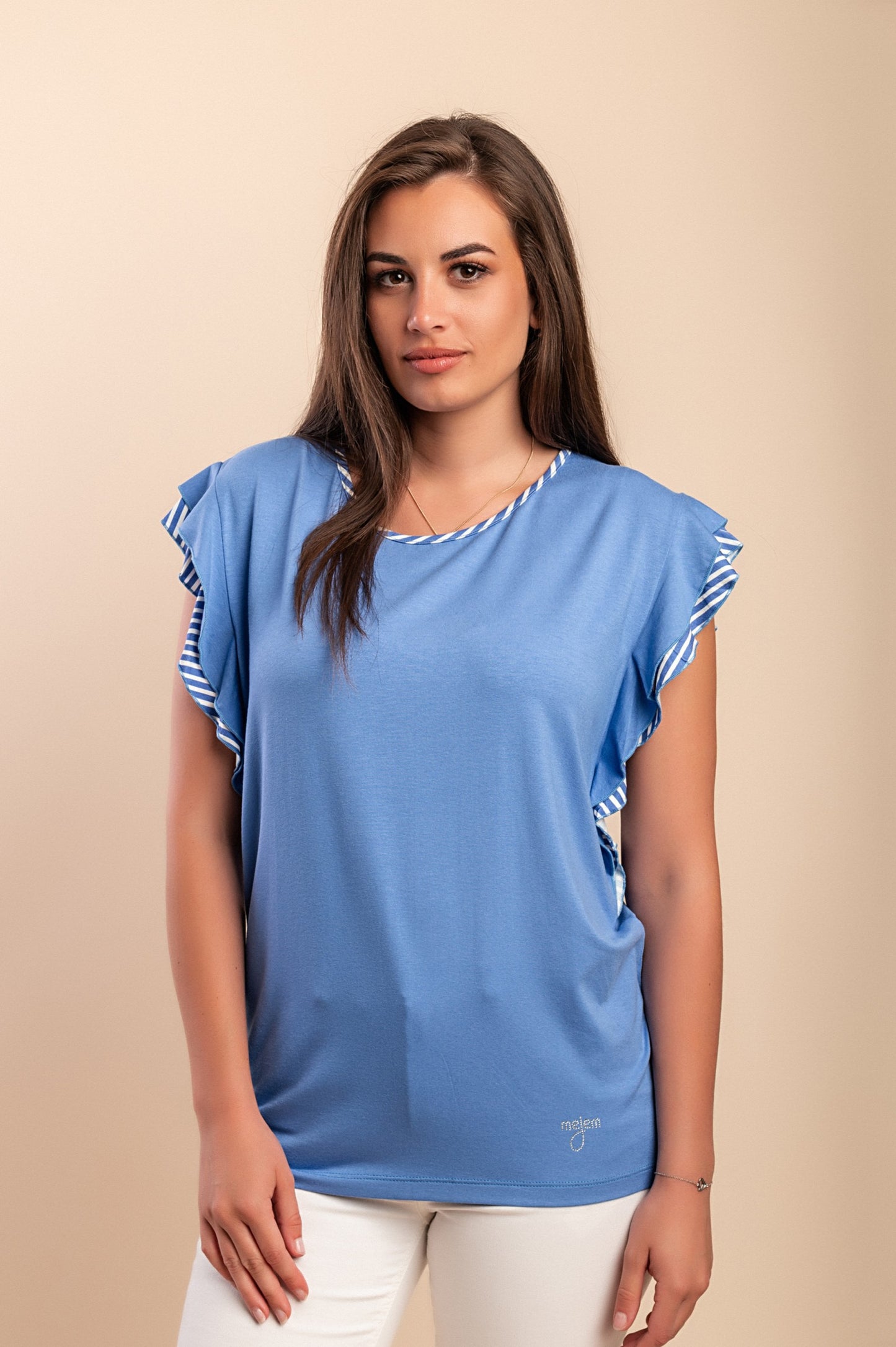 T-shirt in viscosa con stampa a righe, azzurra