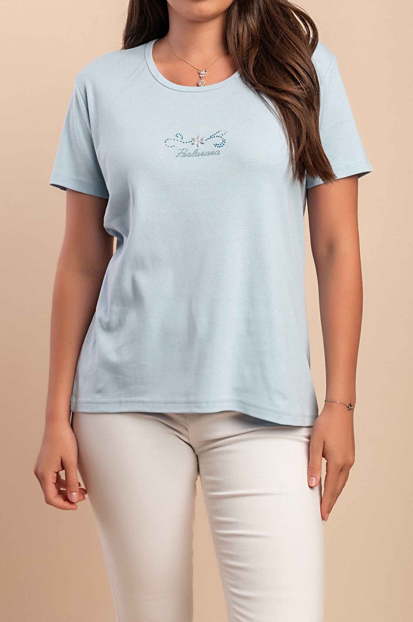 T-shirt in cotone con scollo tondo, azzurra