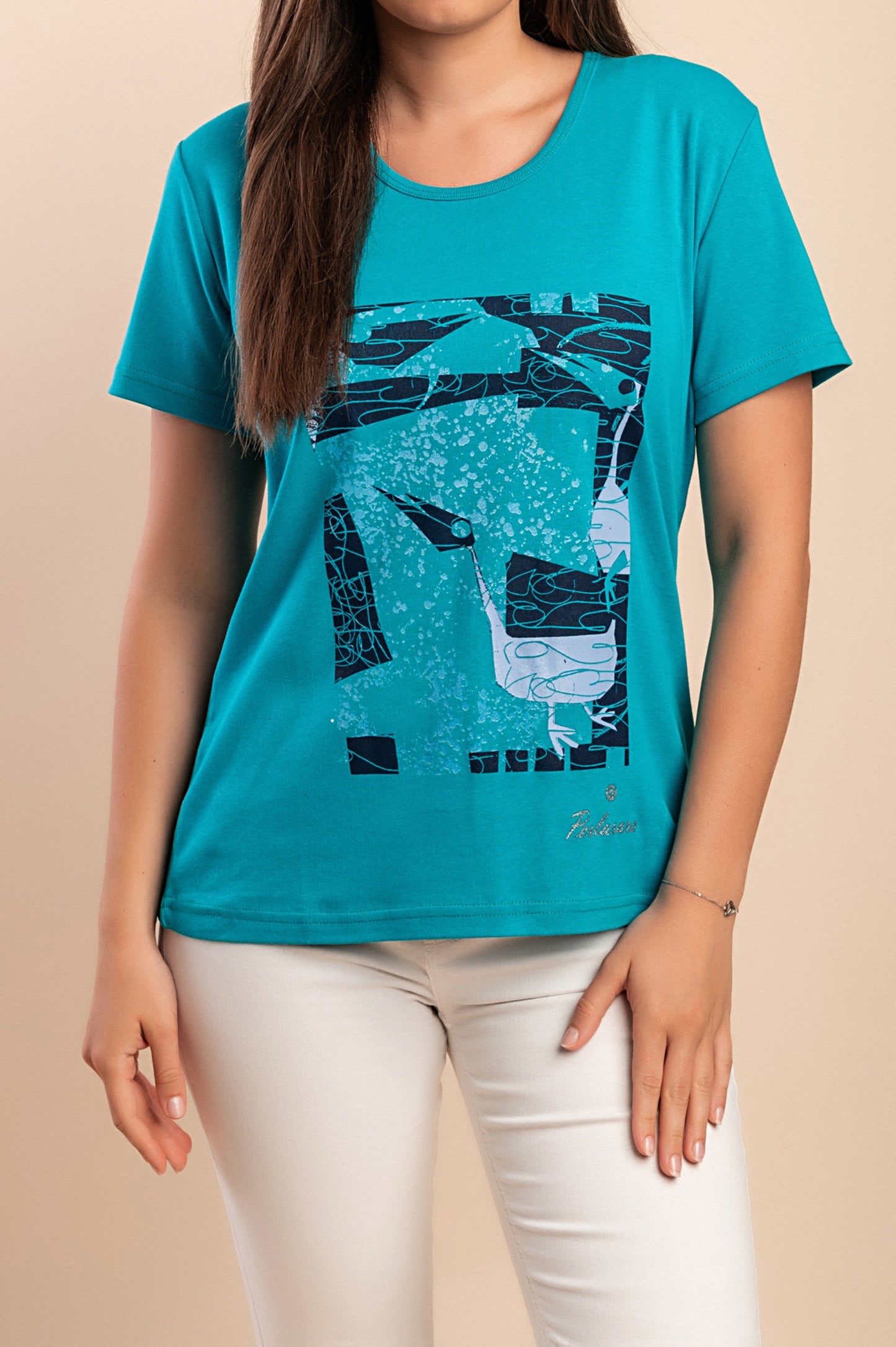 T-shirt in cotone con stampa, turchese