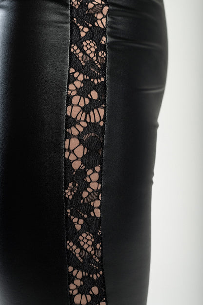 Eleganti leggings in ecopelle con pizzo Margaretta, nero