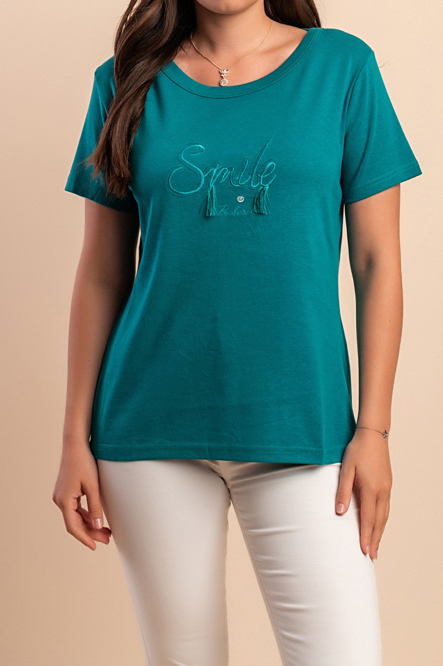 T-shirt in cotone con scollo rotondo, turchese