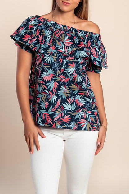 Camicetta in cotone con volant, blu scuro