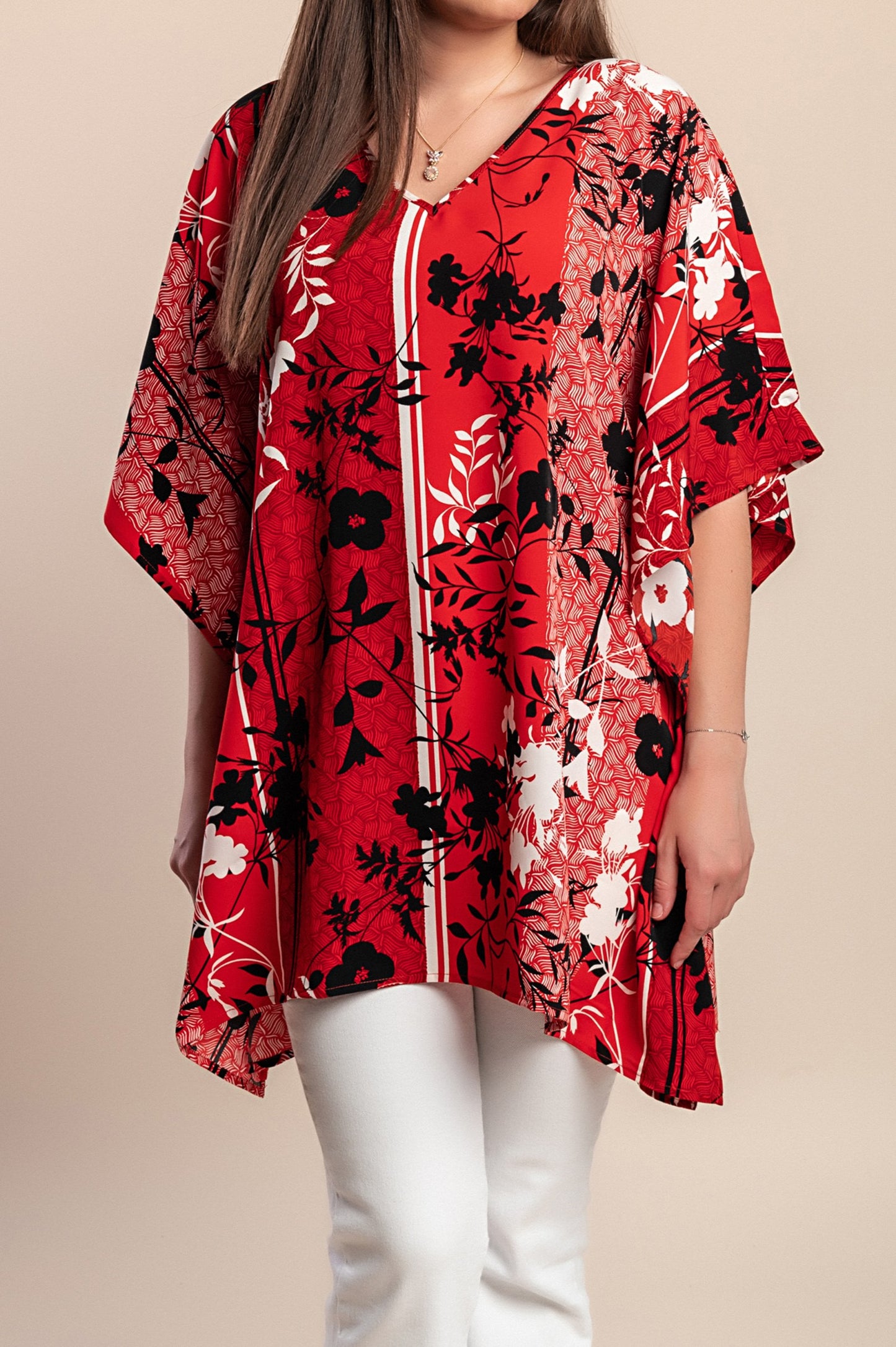 Camicetta taglie forti con stampa floreale, rossa