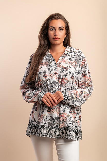 Elegante camicetta con stampa floreale, bianca
