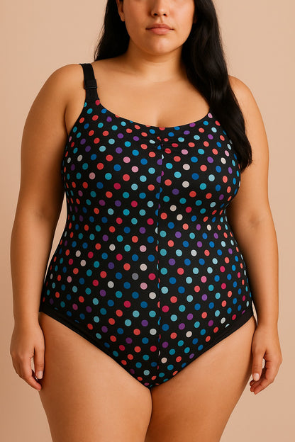 Costume da bagno taglie forti con stampa a pois, nero