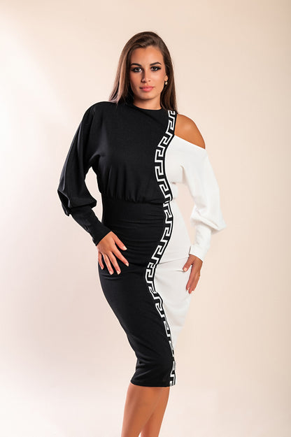 Elegante abito midi con stampa geometrica, nero e beige