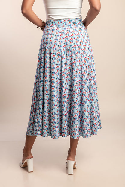 Gonna midi con stampa, azzurra