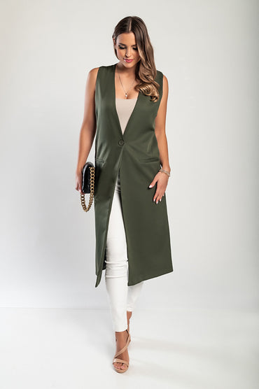 Gilet lungo elegante con bottone, verde oliva