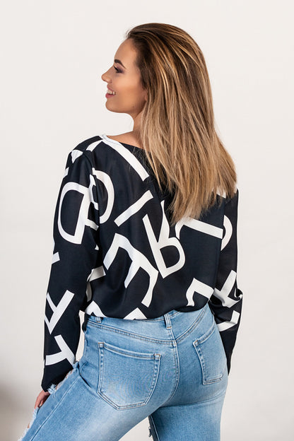 Camicia elegante con maniche lunghe e stampa lettere Osmana, nera