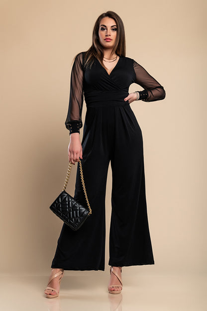 JUMPSUIT ELEGANTE CON SCOLLO A "V" E MANICHE TRASPARENTI CON RIVETTI GEORGINA, NERO