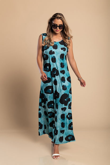 Abito lungo con stampa leopardata, blu
