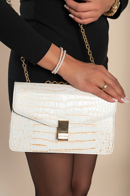 Borsa a mano stampa coccodrillo, bianco-oro