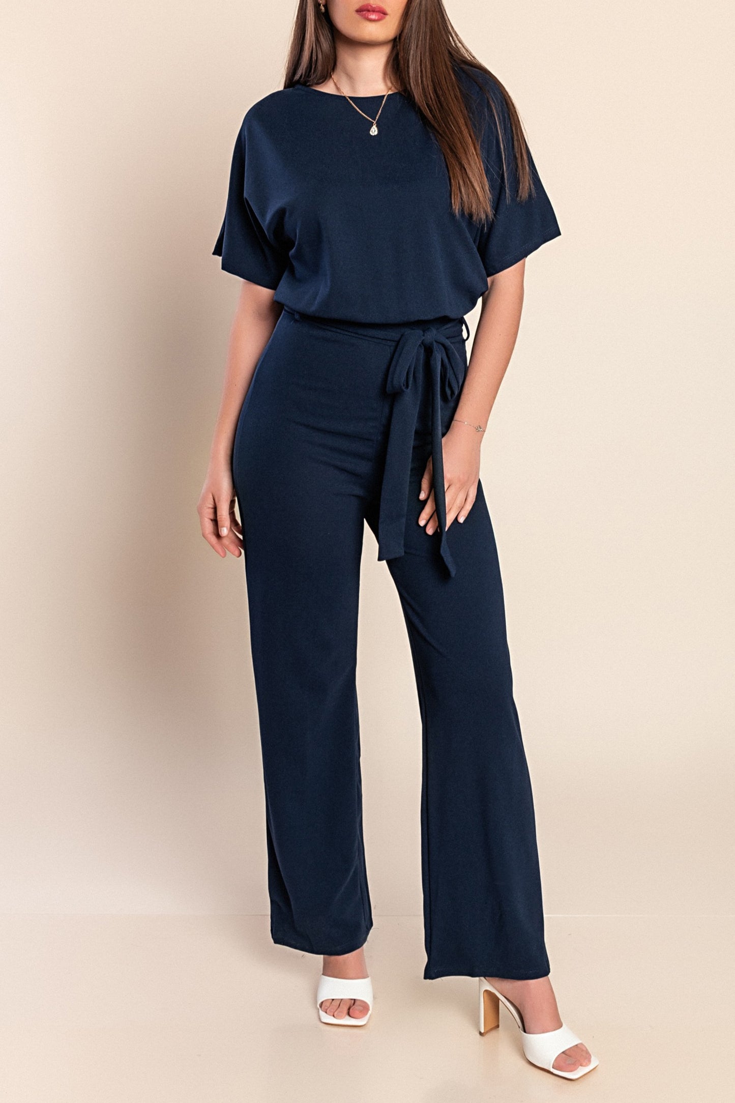 Tuta fashion con pantaloni lunghi ampi e maniche corte  Nelia, albicocca