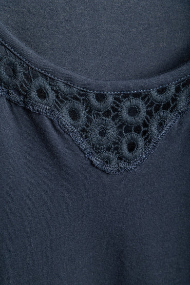 Top in cotone con pizzo, blu scuro