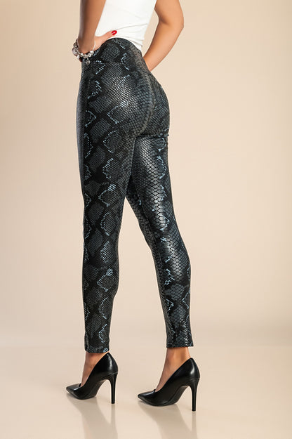 Leggings alla moda con stampa pelle di serpente, neri