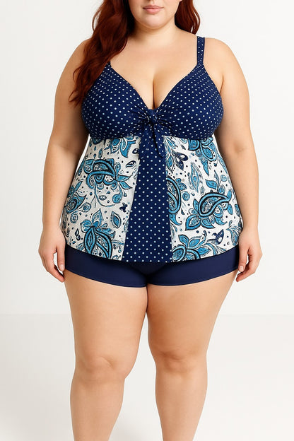 Costume intero taglie forti con stampa, blu