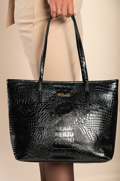 Borsa a mano grande fantasia coccodrillo, nera
