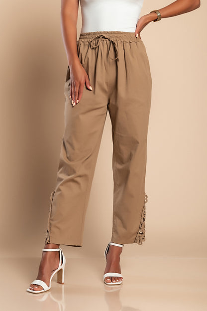 Pantalone elegante in cotone con pizzo, beige