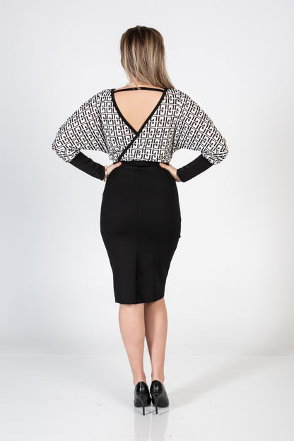 Elegante abito midi con stampa geometrica e scollo incrociato Sonda, nero