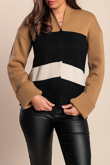 Cardigan in maglia con scollo a "V", colore beige/nero/bianco