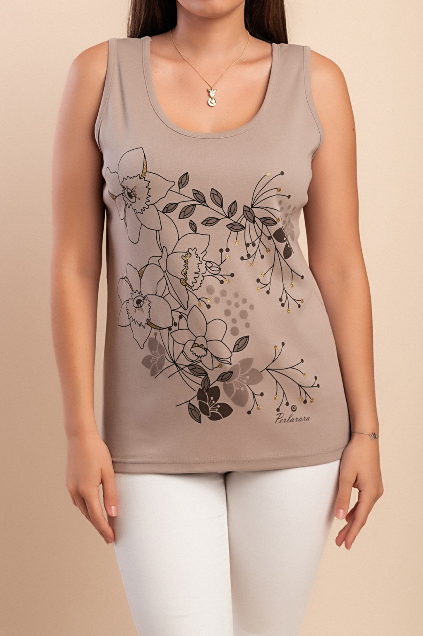 Top in cotone stampato, beige