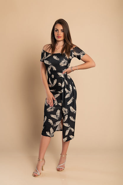 Elegante abito midi con stampa, nero
