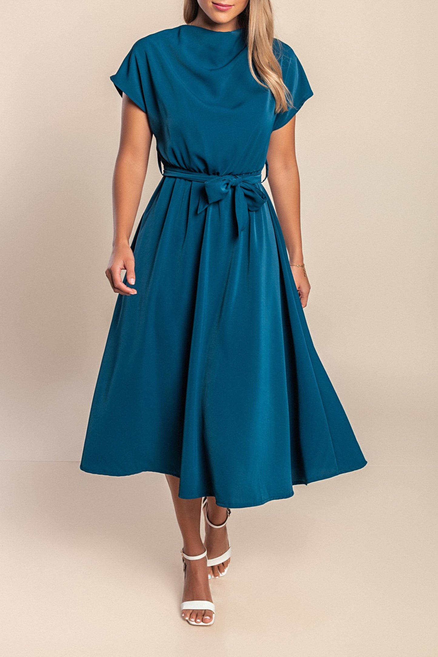 Abito midi con cintura, colore petrolio