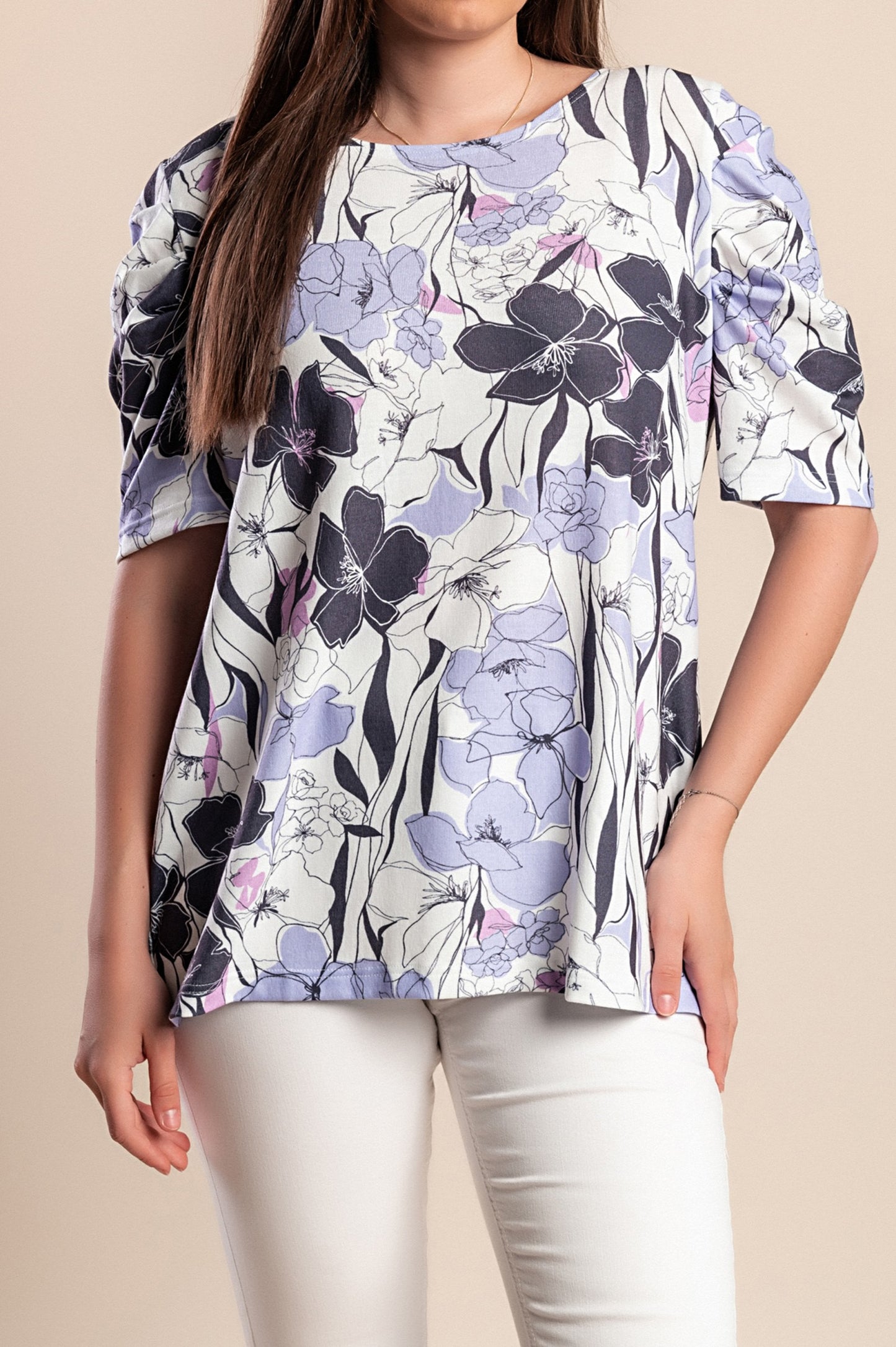 Camicetta taglie forti con stampa floreale, lilla