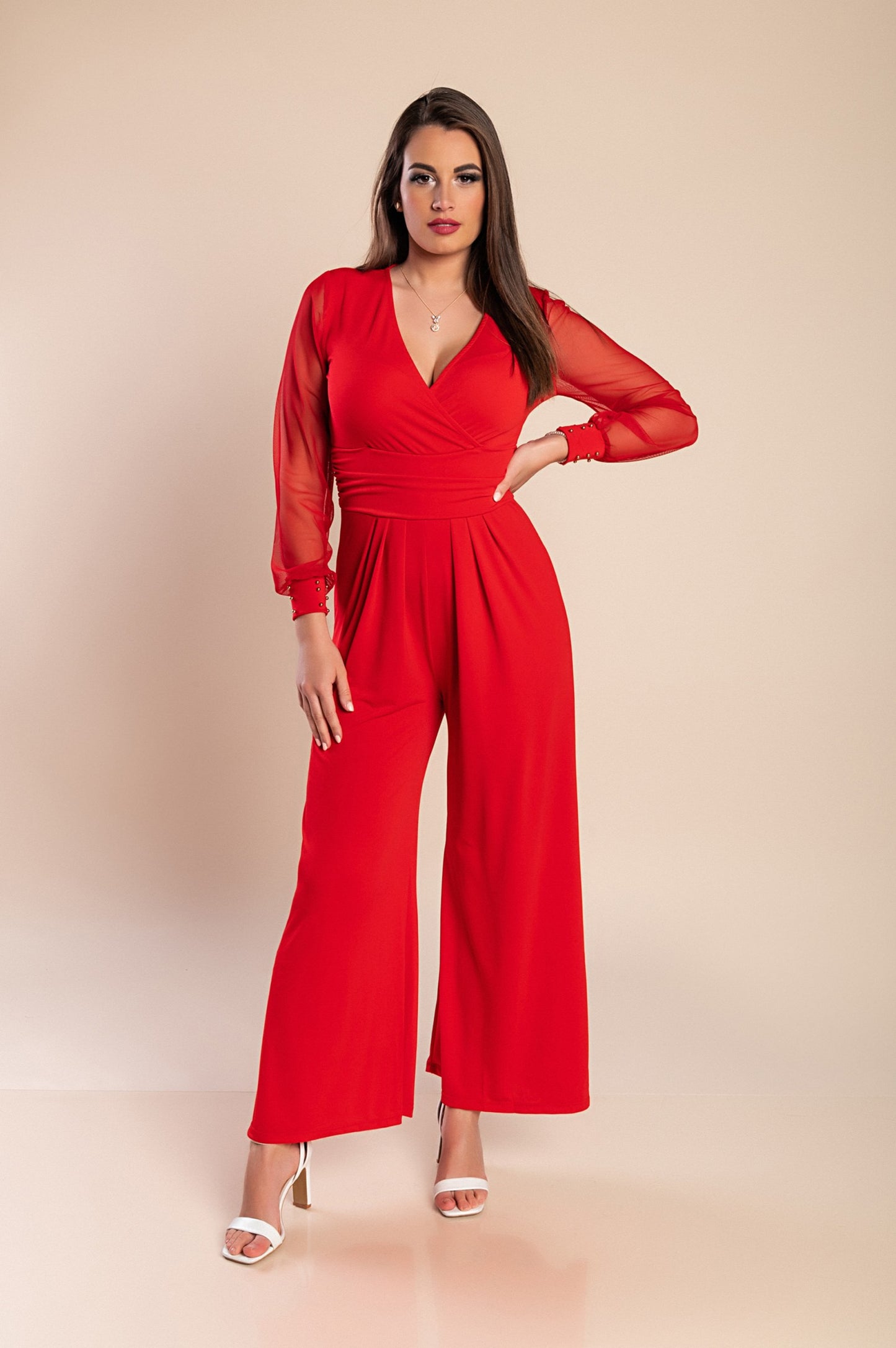 JUMPSUIT ELEGANTE CON SCOLLO A "V" E MANICHE TRASPARENTI CON RIVETTI GEORGINA, NERO