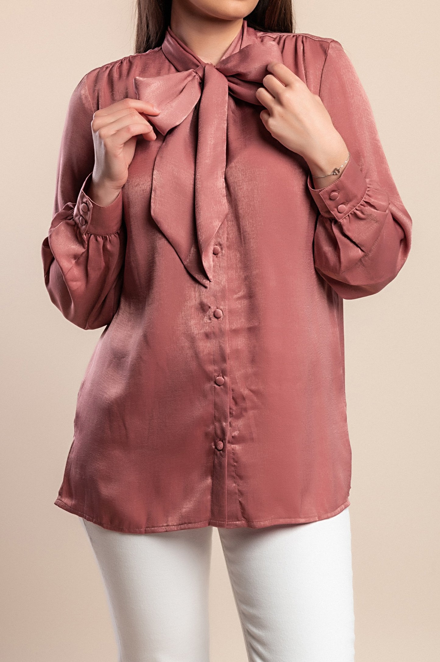 Camicetta taglie forti con fiocco, rosa antico