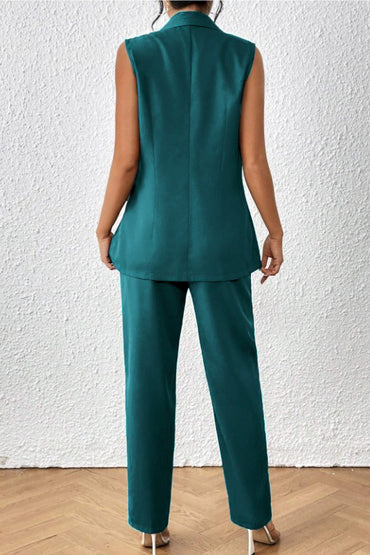 Elegante completo giacca senza maniche e pantaloni, blu