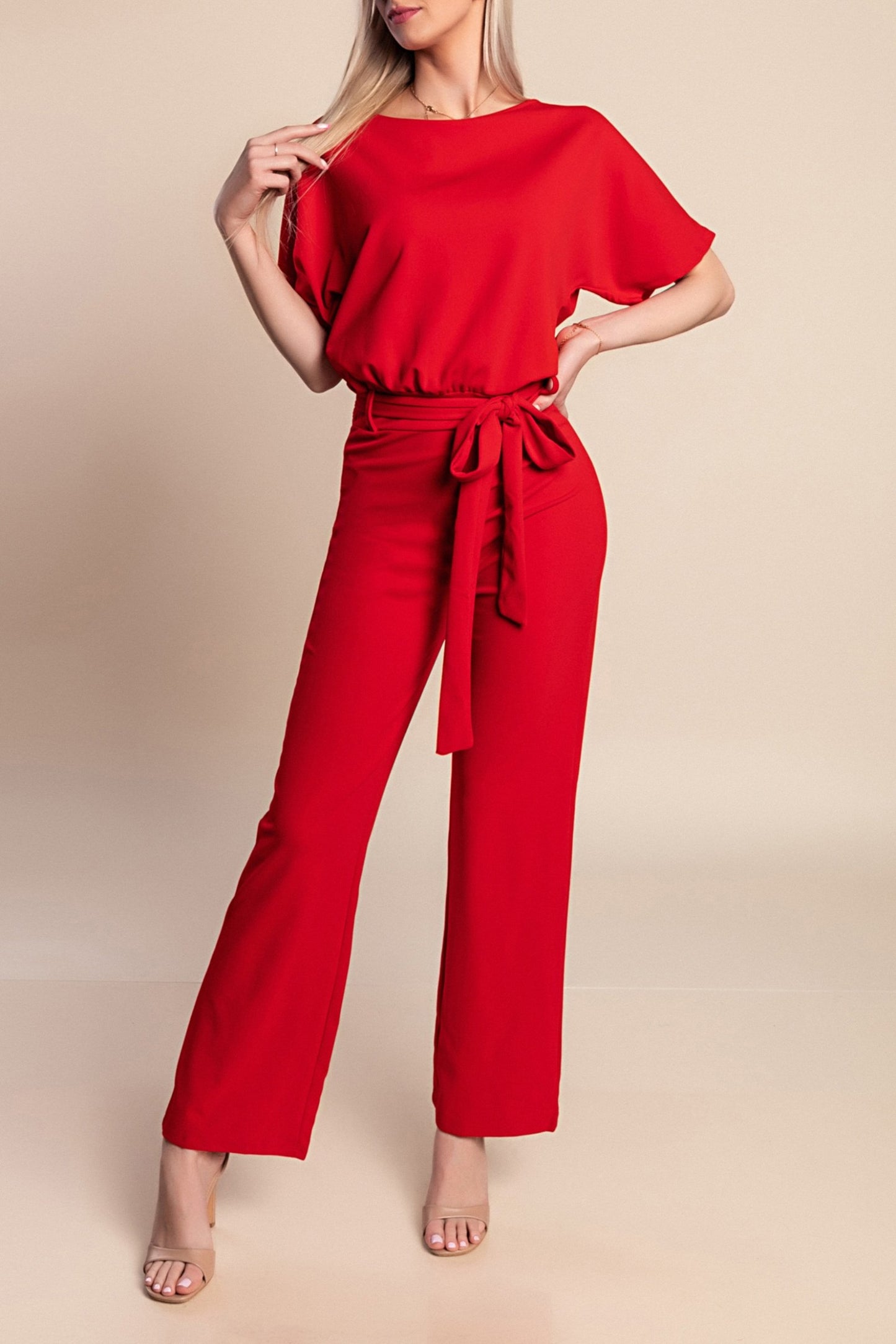 Tuta fashion con pantaloni lunghi ampi e maniche corte  Nelia, albicocca