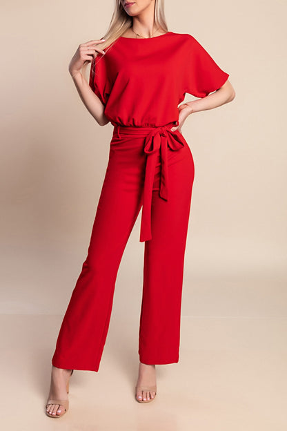 Tuta fashion con pantaloni lunghi ampi e maniche corte  Nelia, albicocca