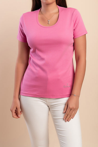 T-shirt in cotone con scollo rotondo, fucsia