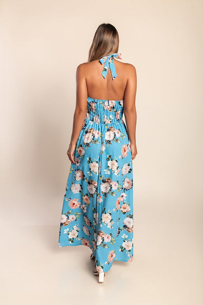 Abito lungo con stampa floreale, azzurro