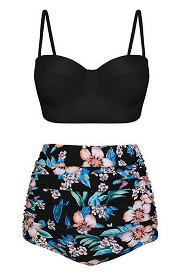 Costume da bagno due pezzi a vita alta, nero