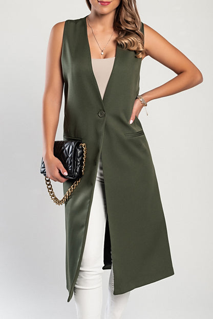 Gilet lungo elegante con bottone, verde oliva