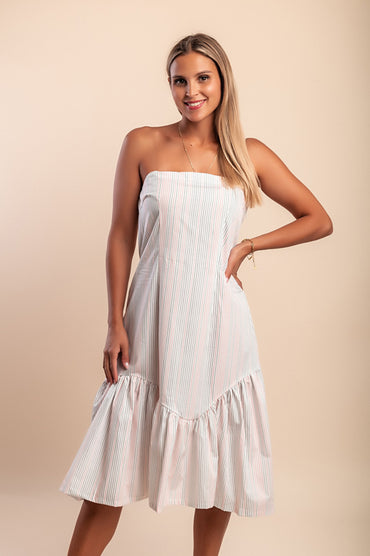 Abito midi in cotone con stampa a righe, bianco