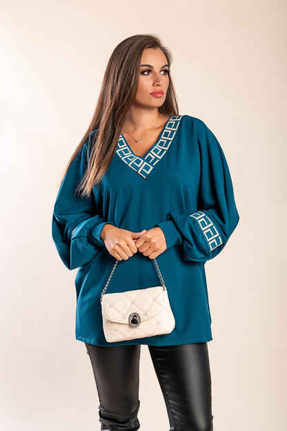 Top ampio con stampa geometrica, petrolio