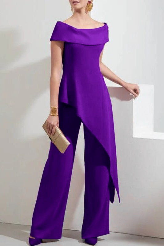 Elegante set composto da top e pantaloni asimmetrici, viola