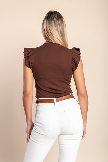 Top in cotone con volant, marrone