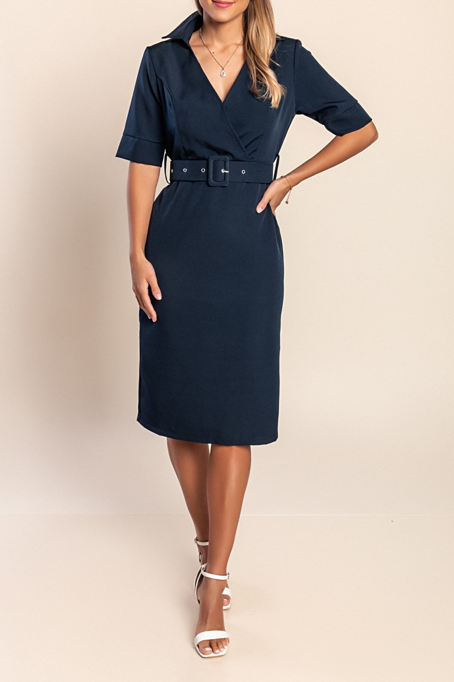 Abito midi con cintura, blu scuro