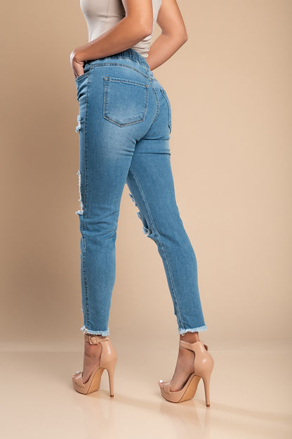Jeans attillati a vita alta e spacchi Stefana, celeste