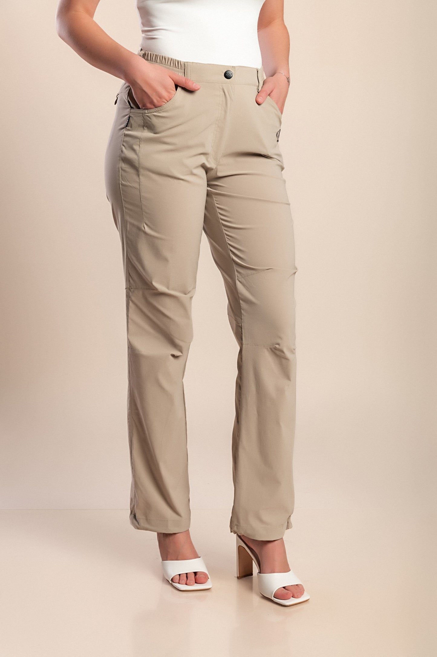 Pantaloni taglie forti con elastico in vita, beige