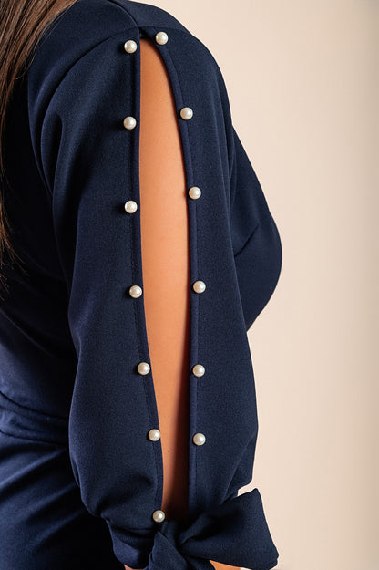 Mini abito elegante con dettaglio di perle finte e scollo incrociato Candys, nero