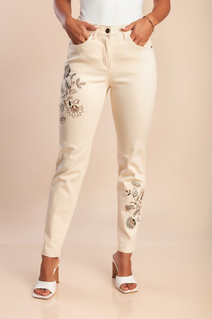 Pantaloni in cotone con ricamo, beige