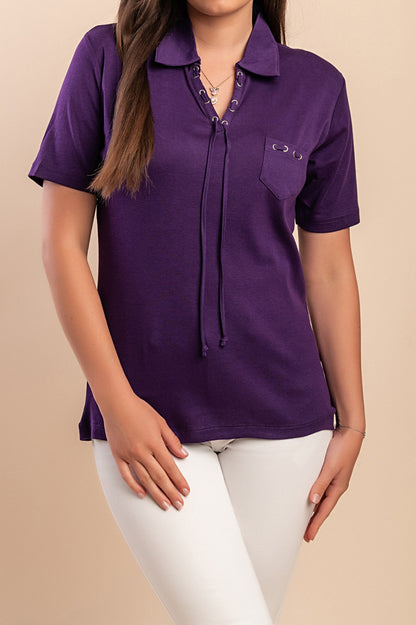 T-shirt in cotone con colletto, viola