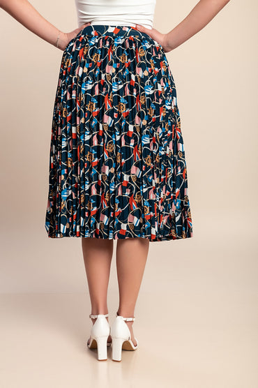 Gonna midi con stampa, blu scuro